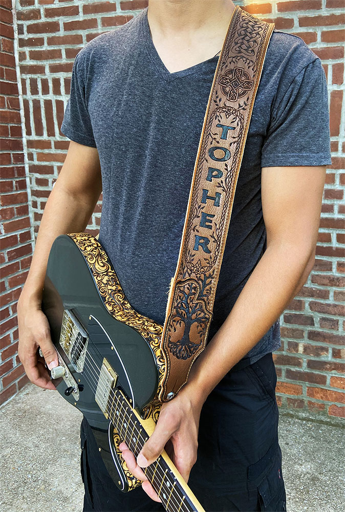 BurnWizard Intricate "Tree of Life" Celtic Cross & Cable Braid Leather Guitar Strap