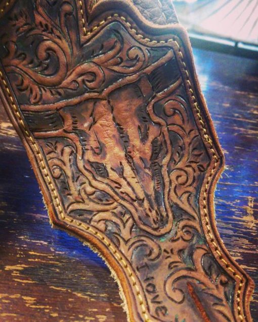 BurnWizard custom leather guitar strap steer cow skull scrollwork