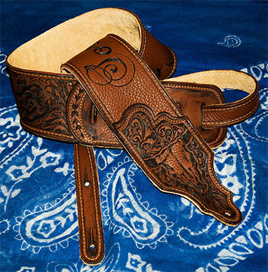 Burnwizard paisley country western scrollwork custom leather guitar strap