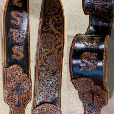 burnwizard leather guitar strap jesus religious western scrollwork