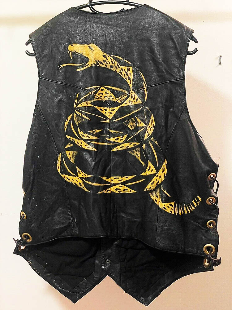 Scully leather Biker vest with hand-painted Snake back piece & roadie  patches – BurnWizard