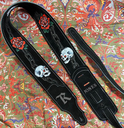 skull rose chain black suede custom burnwizard guitar strap